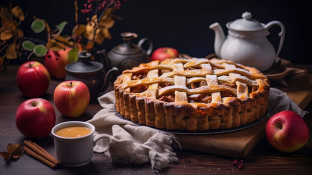 Apple pie on a white table and cup of caffe in a cafe. High quality photo