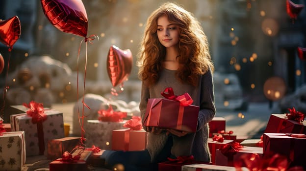 A young girl is unwrapping a Christmas gift surrounded by a tableware of presents.