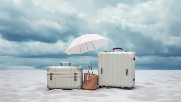 Travel suitcases and umbrella on the sand. Vacation concept. Ai generadet art. High quality photo