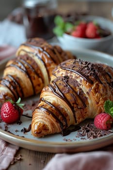 A close-up shot of two freshly baked croissants drizzled with melted chocolate and topped with chocolate shavings. The croissants are presented on a light blue plate alongside a strawberry and a raspberry, adding a touch of sweetness and color.