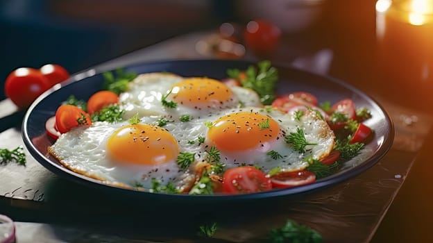 Fried eggs on a modern plate on a white table. Healthy breakfast. High quality photo