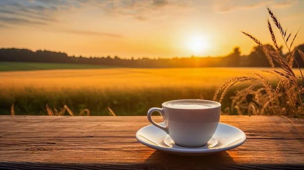 A cup of coffee on a table in front of a field with at sunset. Ai art