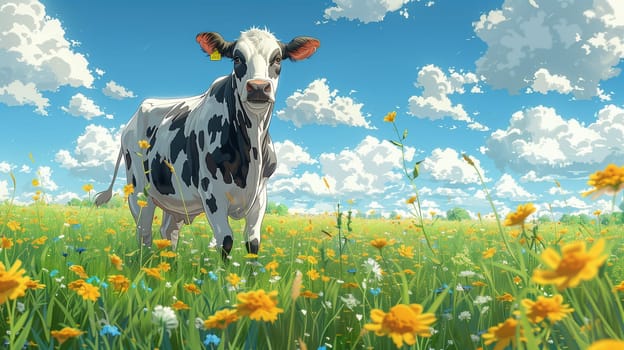 A black and white cow grazes in a field of yellow flowers on a sunny day. The sky is blue with fluffy white clouds. The cow is looking directly at the viewer with a gentle expression. The field is green and lush, with wildflowers blooming throughout.