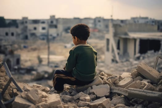 A child sits on the ruins of his house after bombardment