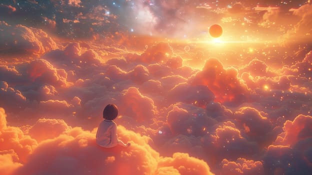 A digital illustration depicting a young girl sitting alone on a fluffy cloud in a sky filled with clouds. The sun is setting, casting a warm, orange glow over the scene. A red planet is visible in the distance. The girl is looking towards the horizon, and the image creates a sense of peace and tranquility.