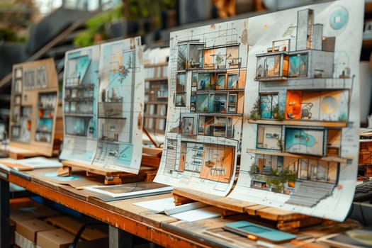 Several architectural drawings of multi-level buildings are displayed on wooden easels. The drawings are created in a mixed media style, with pencil, colored pencil, and pen. They are shown in an open studio space, likely in a design studio, where the work can be viewed. The drawings are detailed, with rooms and furnishings visible.