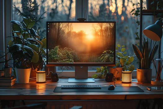 A desktop computer with a sunset forest wallpaper sits on a wooden desk in a home office. The desk is surrounded by plants, and there are two small lamps on the desk, casting a warm glow. The window behind the computer shows a view of trees and a sunset.