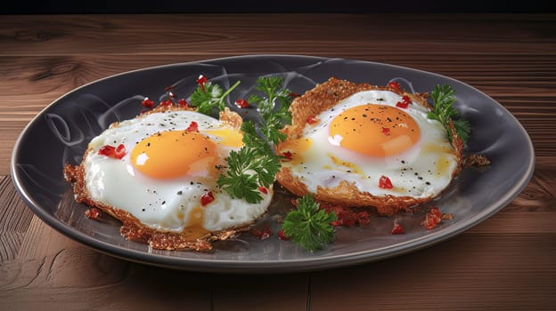 Fried eggs on a modern plate on a white table. Healthy breakfast. High quality photo