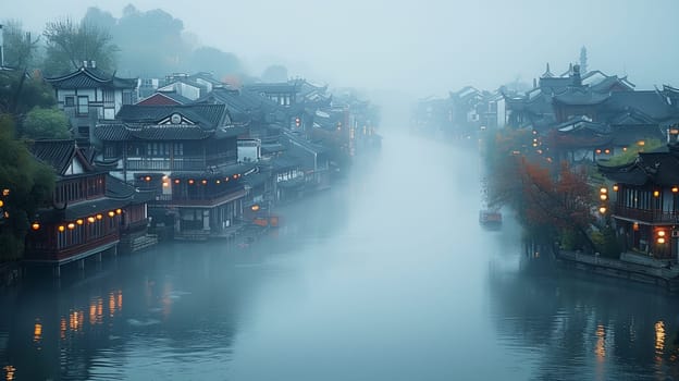 A misty morning view of a traditional Chinese water village, with ancient wooden buildings lining the banks of a tranquil canal. The fog adds a sense of mystery and tranquility to the scene, creating a picturesque and atmospheric image.