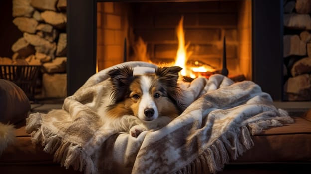 The dog lies on a blanket by the burning fireplace in the room in the evening. Ai art.