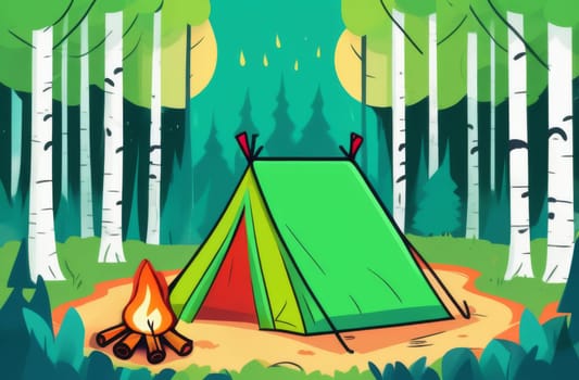 Tent and bonfire in a birch forest