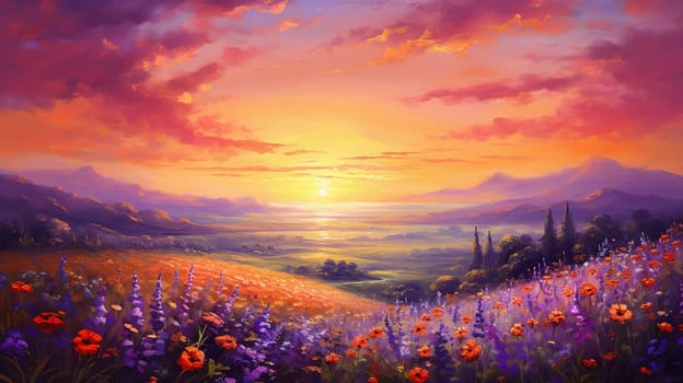 Beautiful landscape sunset field with lavender flowers. Ai art