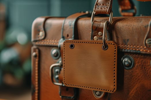 A close-up shot of a brown leather luggage tag attached to a vintage suitcase with a metal clasp. The tag has a blank space for writing a name or destination. The suitcase is made of brown leather and has visible stitching and rivets.