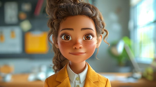 A close-up portrait of a young girl with brown curly hair and brown eyes. She is smiling and wearing a yellow jacket, and is standing in a brightly lit room with a desk and a window in the background.