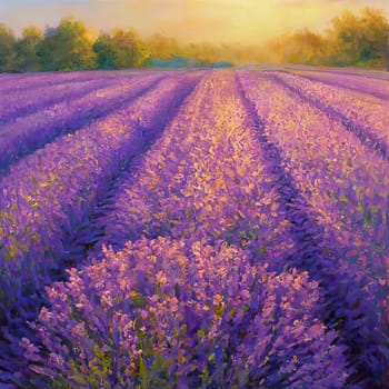 Beautiful lavender field at sunset . Summer landscape. Al generated art.