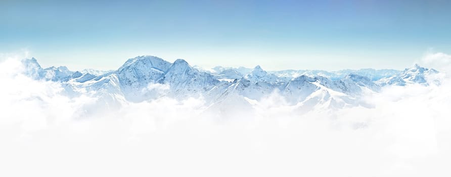 Panorama of winter mountains in Caucasus region Russia. Concept of natural beauty and majestic landscapes