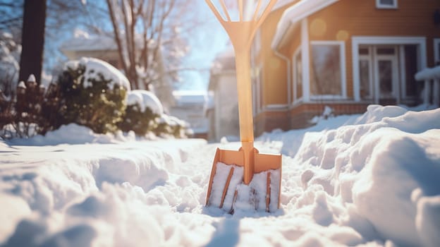 snow shovel in the snow . High quality photo