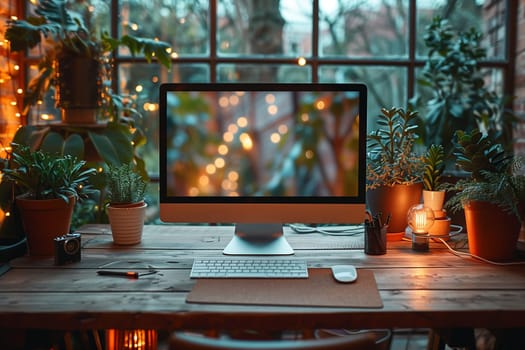 A modern home office with a wooden desk, a computer, plants, and string lights. The computer is turned on and the screen is displaying a blurred image of a window with string lights. The desk is lit by a lamp and the overall atmosphere is calm and inviting.
