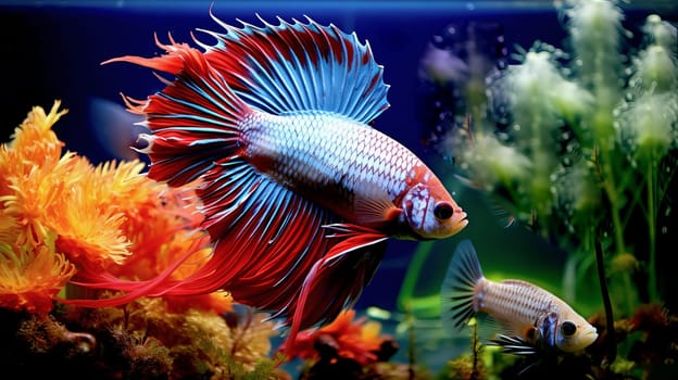 Tropical colorful fish in an aquarium with seaweed. High quality photo