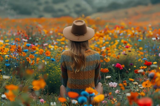 A woman wearing a hat sits amongst a field of colorful wildflowers. The woman is wearing a sweater, and her blonde hair is down. She is facing away from the camera, looking out at the field. The image has a warm, sunny feel.
