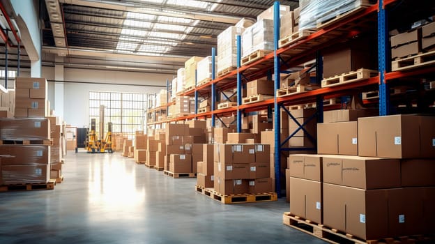 Distribution center with box packaging on shelves. Large warehouse with packaged goods. Ai art