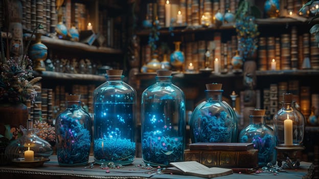 An image of a dimly lit library with rows of bookshelves filled with leather-bound books. In the foreground, there are several glass bottles filled with a blue liquid that is glowing with tiny lights. There are candles on the table and other bottles on the shelves, all suggesting an atmosphere of magic and mystery.
