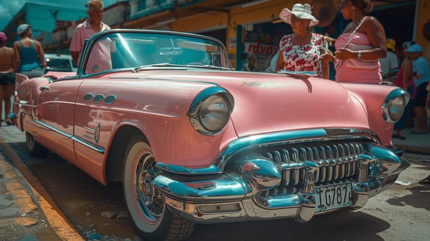 A pink classic car is parked on a street in Cuba, with several people walking by. The car is a convertible with the top down, and it has a chrome bumper and grill. The car is in good condition, and it looks like it has been well-maintained. The people in the background are wearing colorful clothes, and they are all looking at the camera.