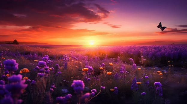 Beautiful landscape sunset field with lavender flowers. Ai art