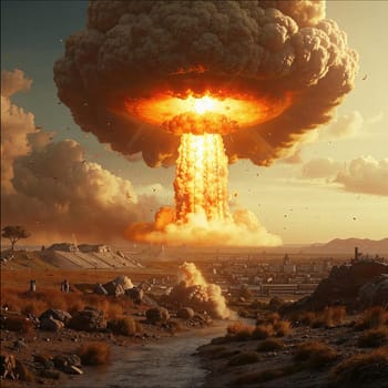 A photograph of a nuclear explosion against the backdrop of destroyed buildings and vacant lots and people. Military combat operations. Nuclear mushroom. Weapons of mass destruction.