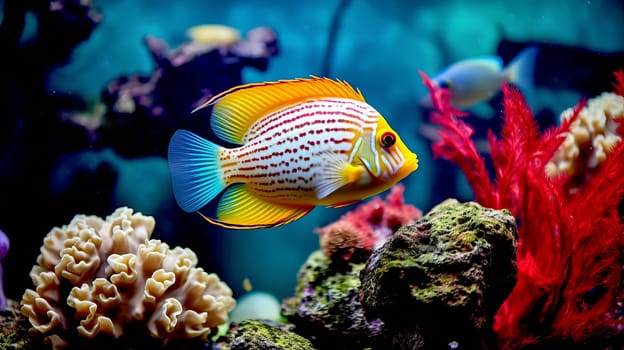 Tropical colorful fish in an aquarium with seaweed. Ai art. High quality photo