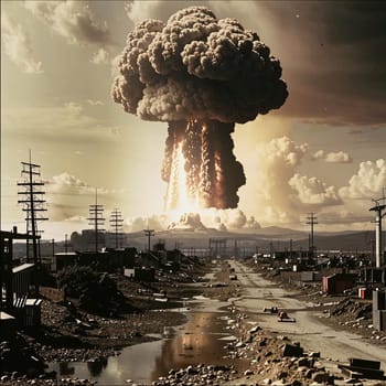 A photograph of a nuclear explosion against the backdrop of destroyed buildings and vacant lots and people. Military combat operations. Nuclear mushroom. Weapons of mass destruction.