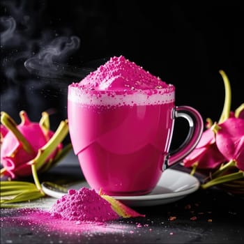 Photo of pink matcha from bright dragon fruit powder. It is rich in vitamins and minerals. Sweet taste reminiscent of a mixture of strawberries and kiwi.
