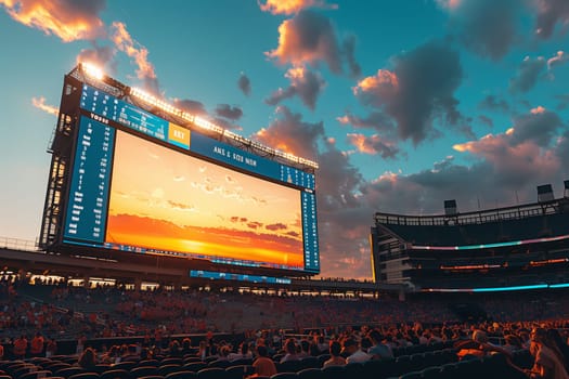 A large stadium scoreboard displays a sunset, likely an image or video, at a night game. Fans are in the stands, watching the game and the large screen. The sky is filled with colorful clouds, reflecting the sunset displayed on the screen. The stadium is bustling with activity and excitement.