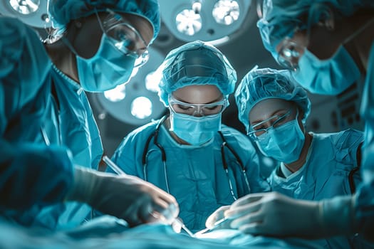 A close-up image of a surgical team performing a procedure in an operating room. The surgeons are wearing blue scrubs, masks, and goggles, and they are focused on their task. The image captures the intensity and precision of surgery, highlighting the dedication and skill of medical professionals.