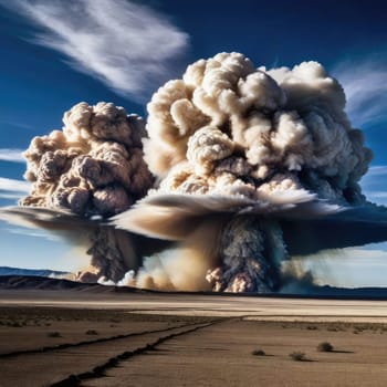 A photograph of a nuclear explosion against the backdrop of destroyed buildings and vacant lots and people. Military combat operations. Nuclear mushroom. Weapons of mass destruction.