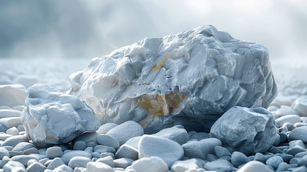 A large, gray rock rests on a bed of smaller stones. The rock is textured and uneven, with a few cracks and crevices. The scene is illuminated by the soft, diffused light of dawn, casting a hazy glow over the landscape.