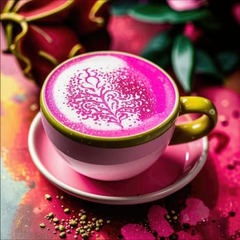 Photo of pink matcha from bright dragon fruit powder. It is rich in vitamins and minerals. Sweet taste reminiscent of a mixture of strawberries and kiwi.