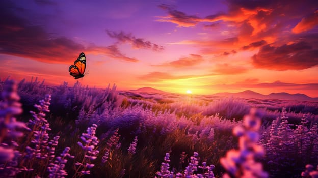 Beautiful landscape sunset field with lavender flowers. Ai art