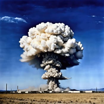 A photograph of a nuclear explosion against the backdrop of destroyed buildings and vacant lots and people. Military combat operations. Nuclear mushroom. Weapons of mass destruction.