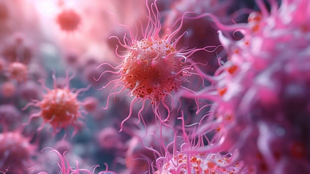 A microscopic image of pink and orange cancer cells. The cells are in focus and appear to be in a cluster, with multiple appendages extending outwards. The background is a soft blur of pink and purple. This image is a powerful reminder of the need for cancer research and awareness.
