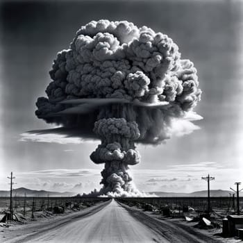 A photograph of a nuclear explosion against the backdrop of destroyed buildings and vacant lots and people. Military combat operations. Nuclear mushroom. Weapons of mass destruction.