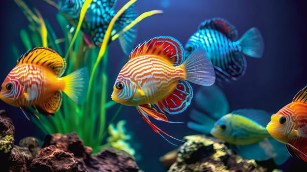 Tropical colorful fish in an aquarium with seaweed. High quality photo