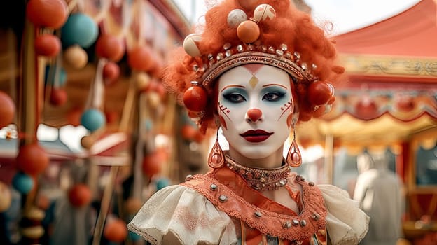 Woman in a carnival costume and carnival makeup. Concept of acting and entertaiment. Ai art. High quality photo