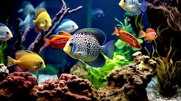 Tropical colorful fish in an aquarium with seaweed. High quality photo