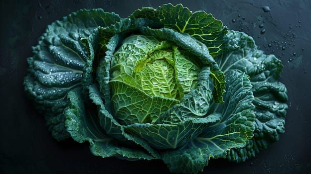 A close-up image of a fresh, green cabbage head with water droplets on its leaves. The cabbage is sitting on a dark, textured background.