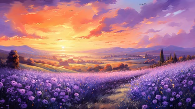 Beautiful landscape sunset field with lavender flowers. Ai art