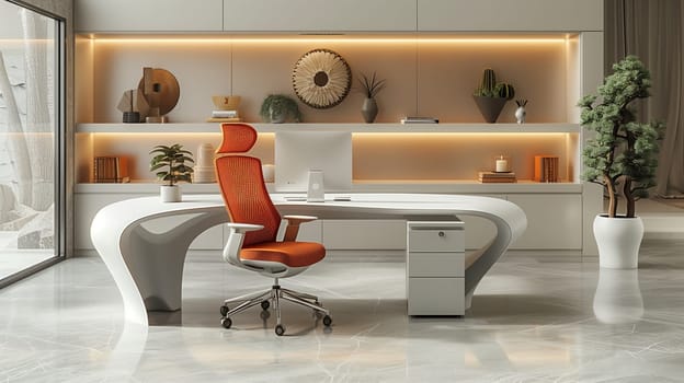 This image shows a modern office interior with an orange ergonomic chair and white desk. The chair is facing the desk, which is made of white, curved, modern material. The office also has a white bookcase, with shelves that feature decor items like a round woven wall hanging and potted plants.