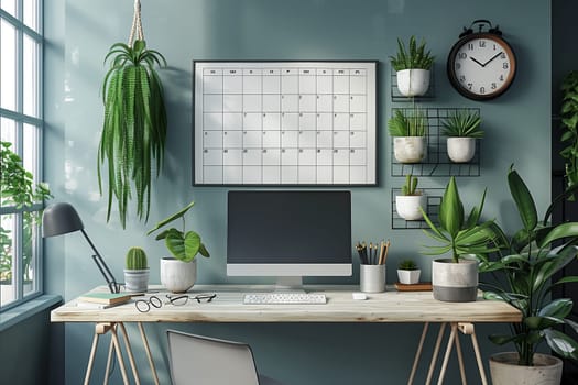 A modern home office desk with a light wood top, a black computer monitor, a calendar on the wall, and a clock. There are various plants around the desk, including a hanging plant, a potted cactus, and a few smaller potted plants. The wall is painted a light blue-green color.
