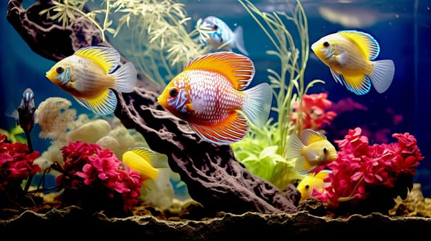 Tropical colorful fish in an aquarium with seaweed. High quality photo