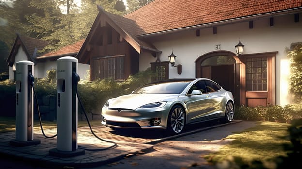 EV charging station for electric car. Electric vehicle car is being charged. Ai art